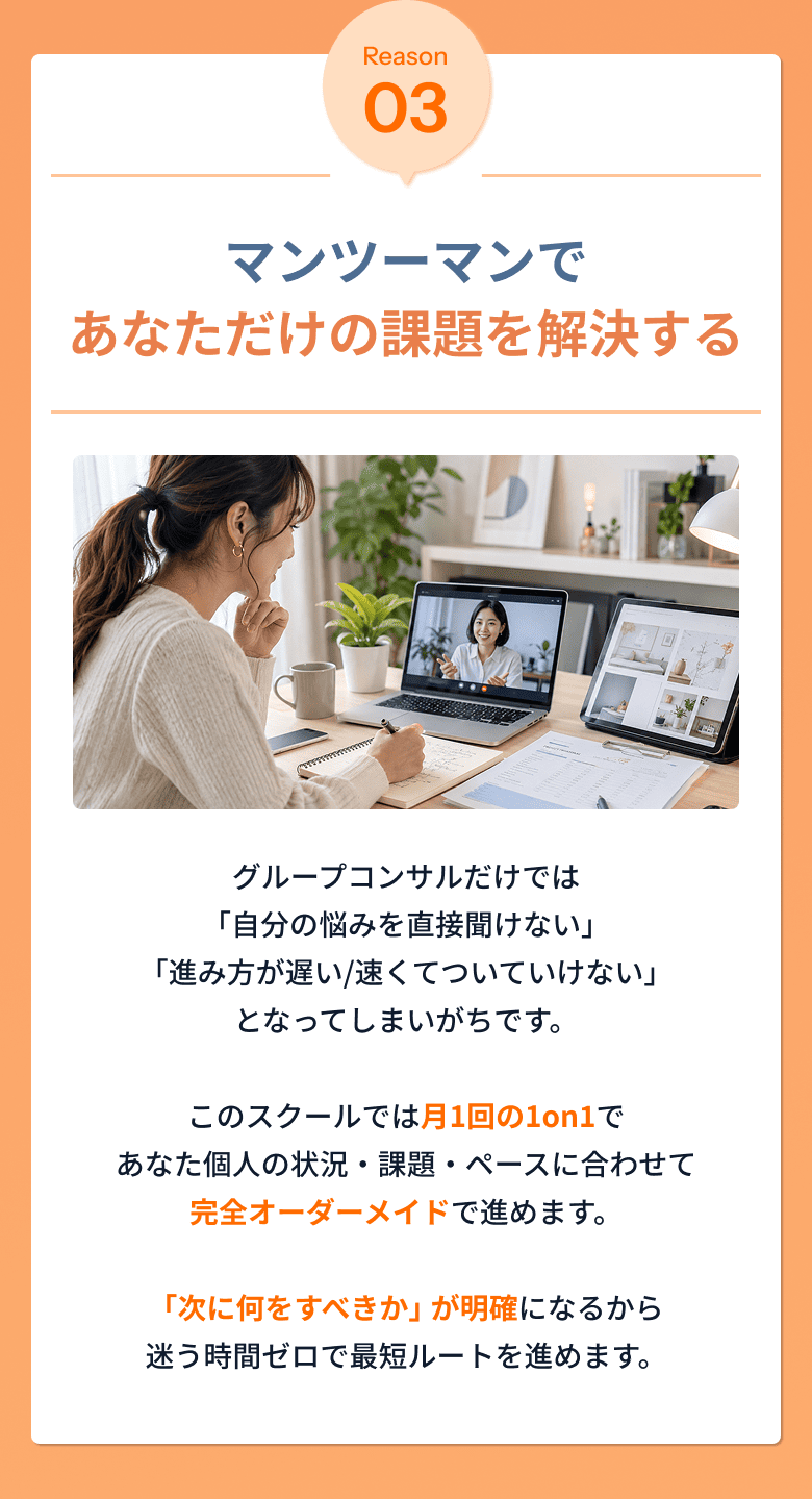 Reason03：マンツーマンであなただけの課題を解決する。月1回の1on1であなた個人の状況・課題・ペースに合わせて完全オーダーメイドで進めます
