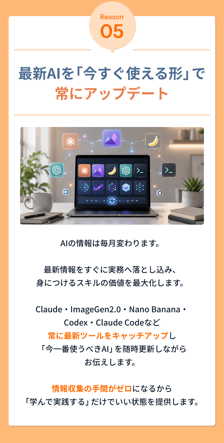 Reason05：最新AIを「今すぐ使える形」で常にアップデート。常に最新ツールをキャッチアップし「今一番使うべきAI」を随時更新しながらお伝えします